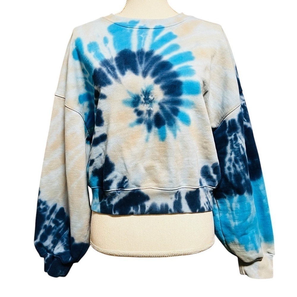 AGOLDE BLUE & TAN TIE DYE BALLON SLEEVE CROP SWEATSH SIZE SMALL